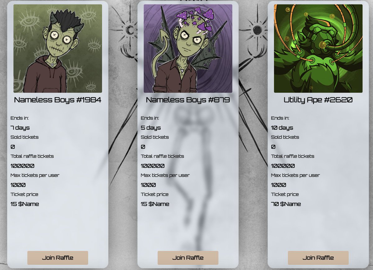 Good day Nameless Boys! 

We have three new raffles coming your way we hope that you enjoy the prices as much as we do! 

Prizes:
1 x Utility Ape NFT 🦍 
2 x Nameless Boys NFT🧍

Y’all have time to accumulate $NAME and buy into these cool raffles!

#SOL #SOLNFT