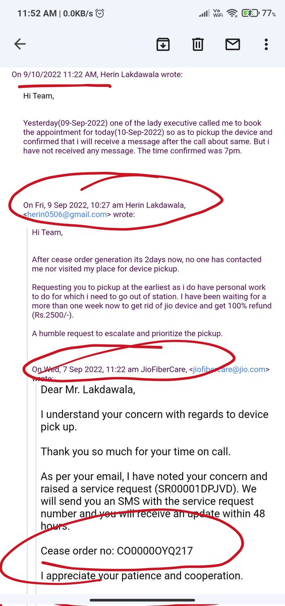 @JioFiberVoice @reliancejio @JioCare Its been weeks since the cease order is generated but none come to pickup device and executives on call are pathetically rude. Also the request raised for pickup is getting closed without pickup being done. I have lost lot of productive time.