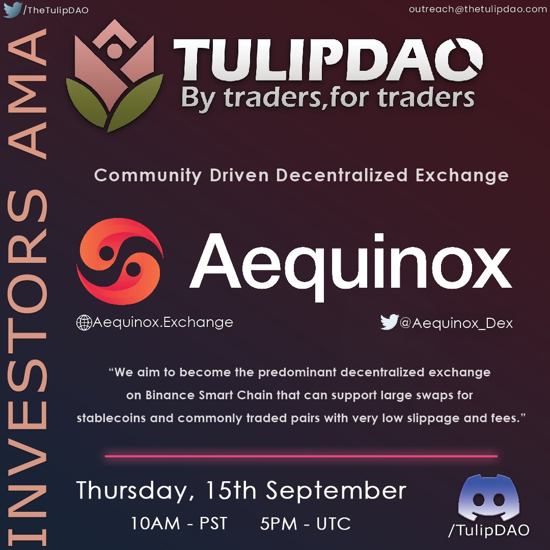 It's time to join us again, this time for our 32nd Investors #AMA with @Aequinox_Dex !

A protocol aiming to become the predominant #DEX on #BSC that can support large swaps with low slippage and fees.

This Thursday the 15th, 5PM - UTC, in the usual place!
#Web3 #DeFi $BSC $AEQ