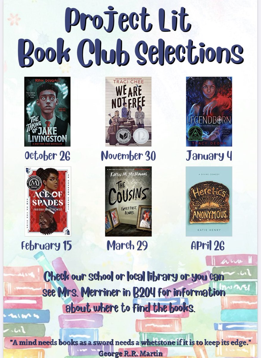 scclbuffs's tweet photo. Thank you to Mrs. Merriner and our Project Lit club! Our student members voted and here is this year’s Project Lit book selections! We hope our fellow bibliophiles can join us in reading them this year. Follow @LitClemens for updates! 📚 📖 https://t.co/1MAEQd0COV