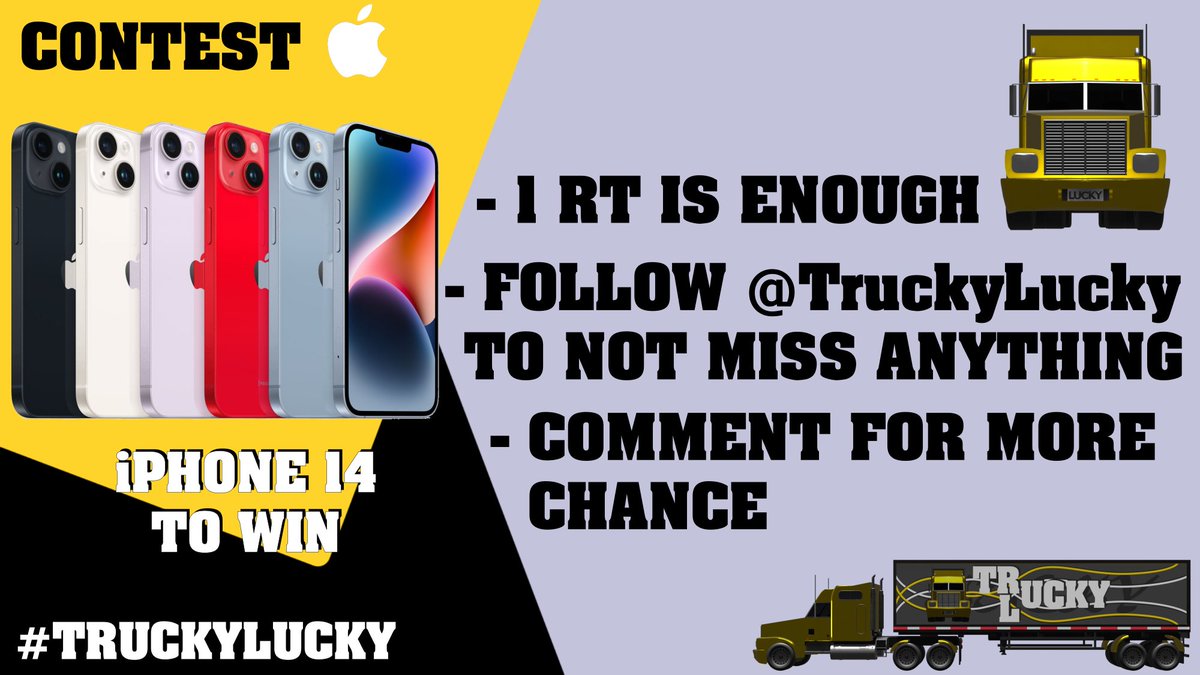 TruckyLuckyApp's tweet photo. #Contest #Game
🎁📱Win the new iPhone 14 from @Apple with 128GB of storage!

- 1 #RT is enough

🍀More chance:
📲 On app https://t.co/sJv96QsT5d
💬 Comment with mentions

Follow @TruckyLuckyApp for more contests.

#Giveaway #TruckyLucky #iPhone #iPhone14 #Apple #AppleEvent #Apple https://t.co/VyJ8n7e2rN