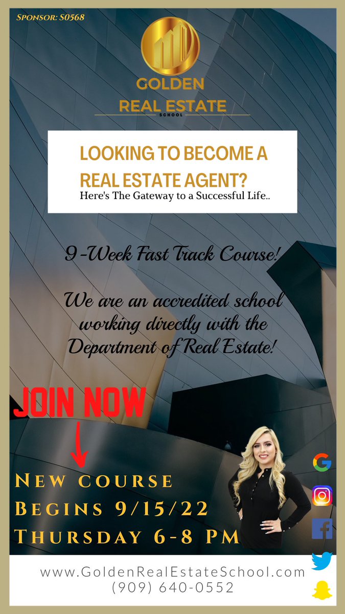 GoldenRESchool's tweet photo. Looking for a new career?

Become a Real Estate Professional 🎓

#NowEnrolling #RealEstateSchool
#Realtor #RealEstateAgent #DepartmentOfRealEstate
#BecomeLicensed #Viral #Fyp #ForYouPage https://t.co/Oe295yOSFD