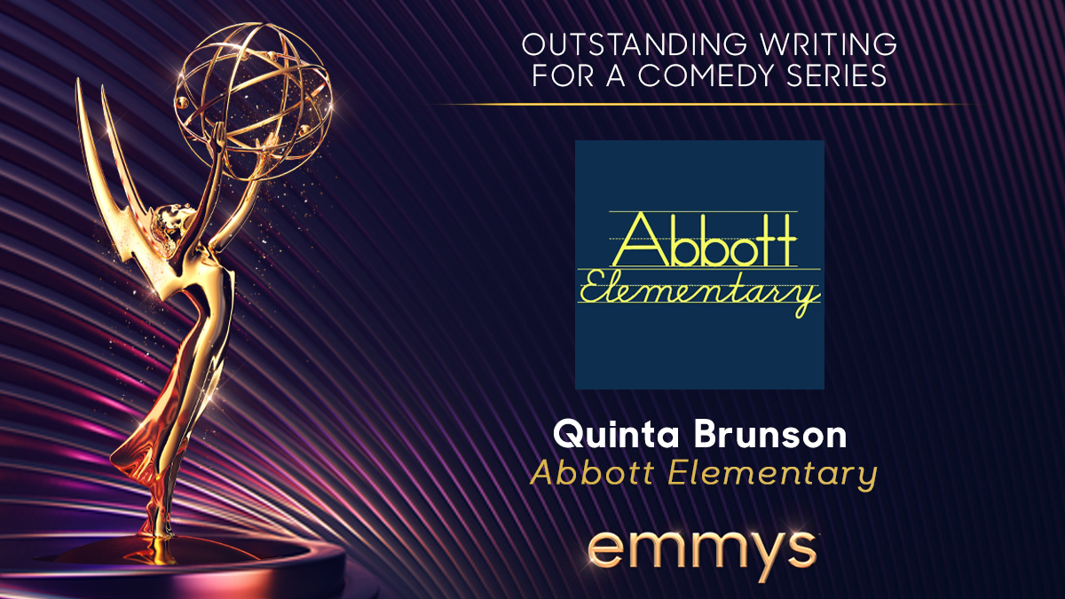 TelevisionAcad's tweet photo. A lesson on good material! The #Emmy for Outstanding Writing for a Comedy Series goes to @QuintaBrunson for @AbbottElemABC! 📝 #Emmys #Emmys2022 https://t.co/LvZgp4FEzr