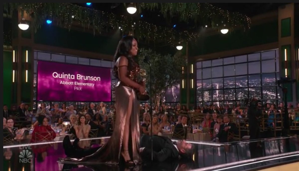 gpirnia's tweet photo. Quinta Brunson deserved better than giving her acceptance over Jimmy Kimmel’s “dead” body. #Emmys #AbbottElementary https://t.co/ofP5mkXpvy