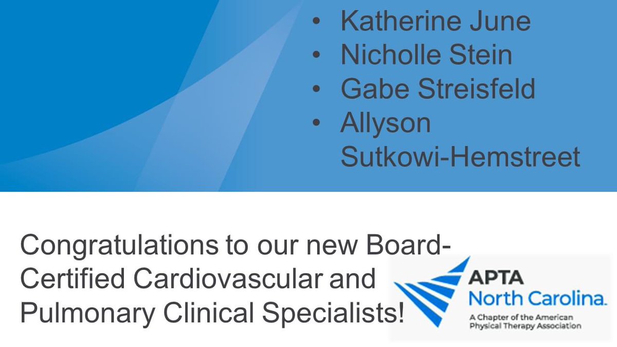 APTAofNC's tweet image. Congratulations to our members who are new Board-Certified Cardiovascular and Pulmonary Clinical Specialists #MembershipMonday