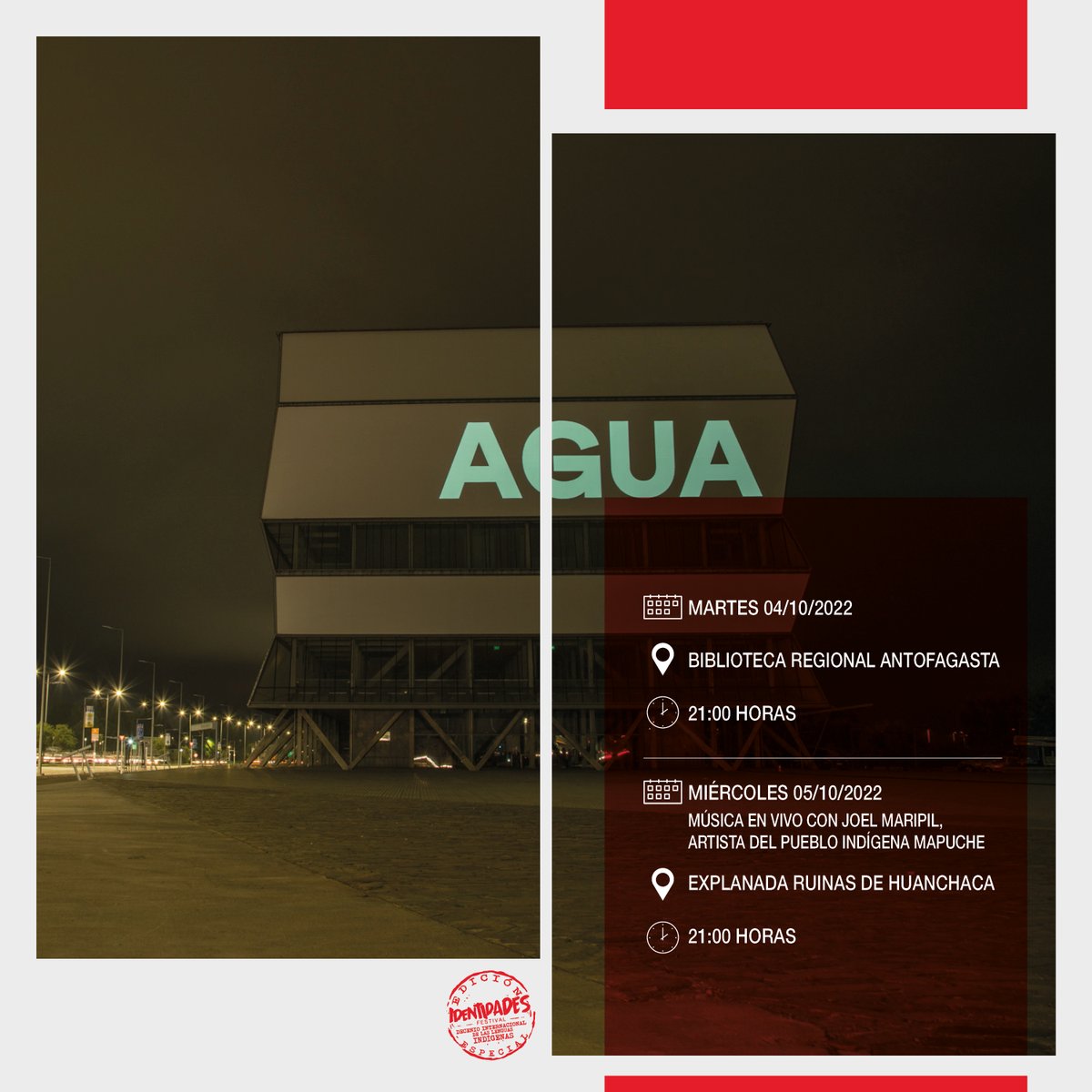 IdentidadesFest's tweet photo. Las experiencias visuales de #DelightLab son parte de nuestra programación 2022! 🐻

🗓Martes 04 de octubre, 21 hrs. 
📍@BibliotecAntofa 

🗓Miércoles 05 de octubre, 21 hrs.
📍Explanada @RuinasHuanchaca 
🎵Con música en vivo a cargo de Joel Maripil artista del pueblo mapuche. https://t.co/L3vW0yX9sa