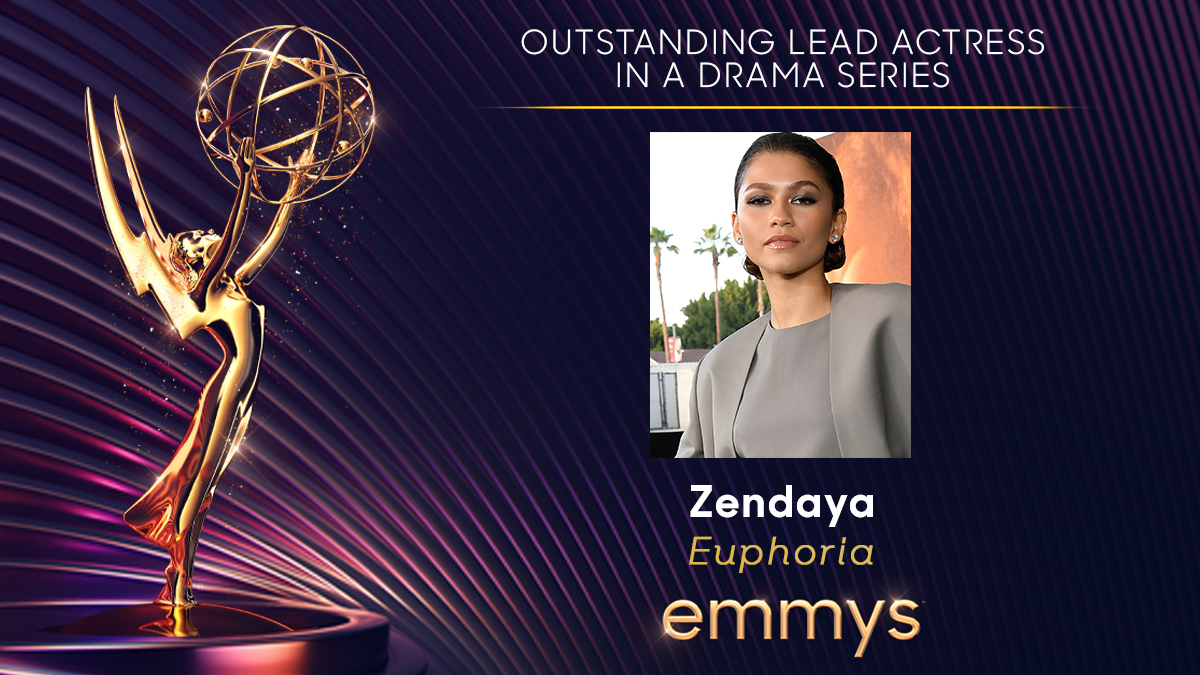 Cheers to @Zendaya, who wins the #Emmy for Outstanding Lead Actress in a Drama Series for @EuphoriaHBO! The actress also won the statuette in 2020! 💛✨ #Emmys #Emmys2022