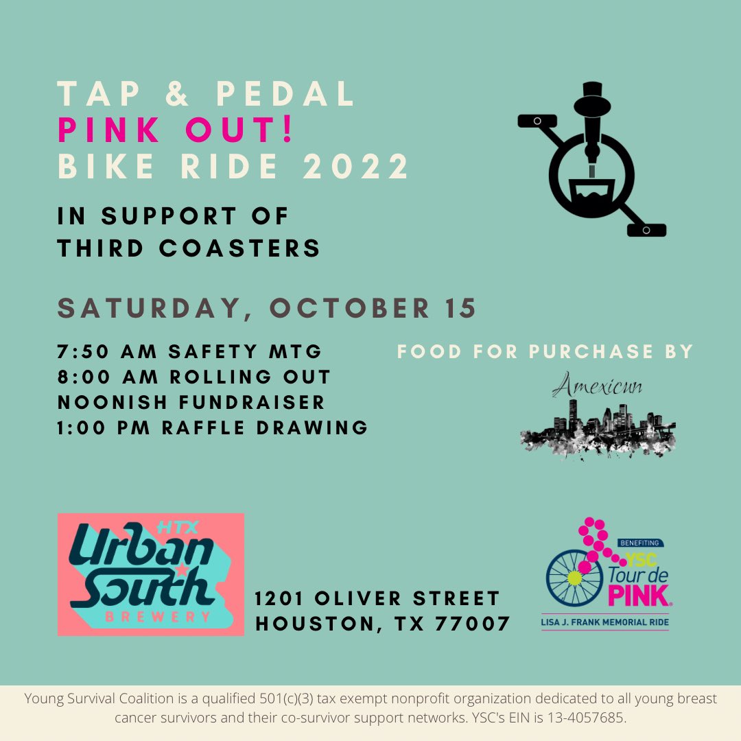 Join us upon our return from <a href="/YSCTdP/">YSCTdP</a> 2022 and in support of #youngsurvivors with #breastcancer on Oct 15. <a href="/urbansouth_htx/">Urban South Brewery HTX</a> <a href="/amexicun/">Amexicun</a> #thirdcoasters #tapandpedal #cycling #fundraising #bcsm #houston #htx #breastcancer #bcam #cyclinglife #htown #craftbeer