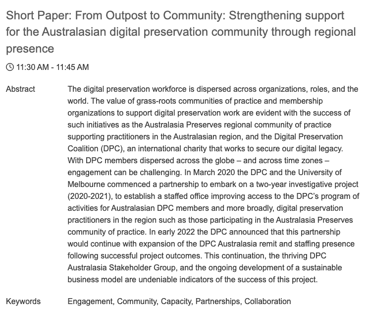 It's #iPres2022 time in virtual style, this evening Melbourne time (8.30-10pm AEST) @lexistindall &amp; I will be zoom-presenting our paper written with <a href="/maudeygirl/">Michaela Hart she/her</a> on building communities for #DigitalPreservation in Australasia #AusPreserves #DigiPres