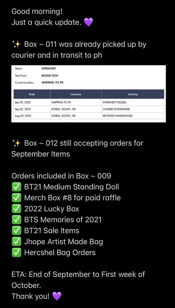 shop_missj's tweet photo. #ShopMissJUpdates
Finally, our box has been shipped out.
Nagtagal ng konti due to the typhoon in Korea pero better dahil di naabutan ng Chuseok. π
Thank you for patiently waiting. π https://t.co/7kvwjOYNPO
