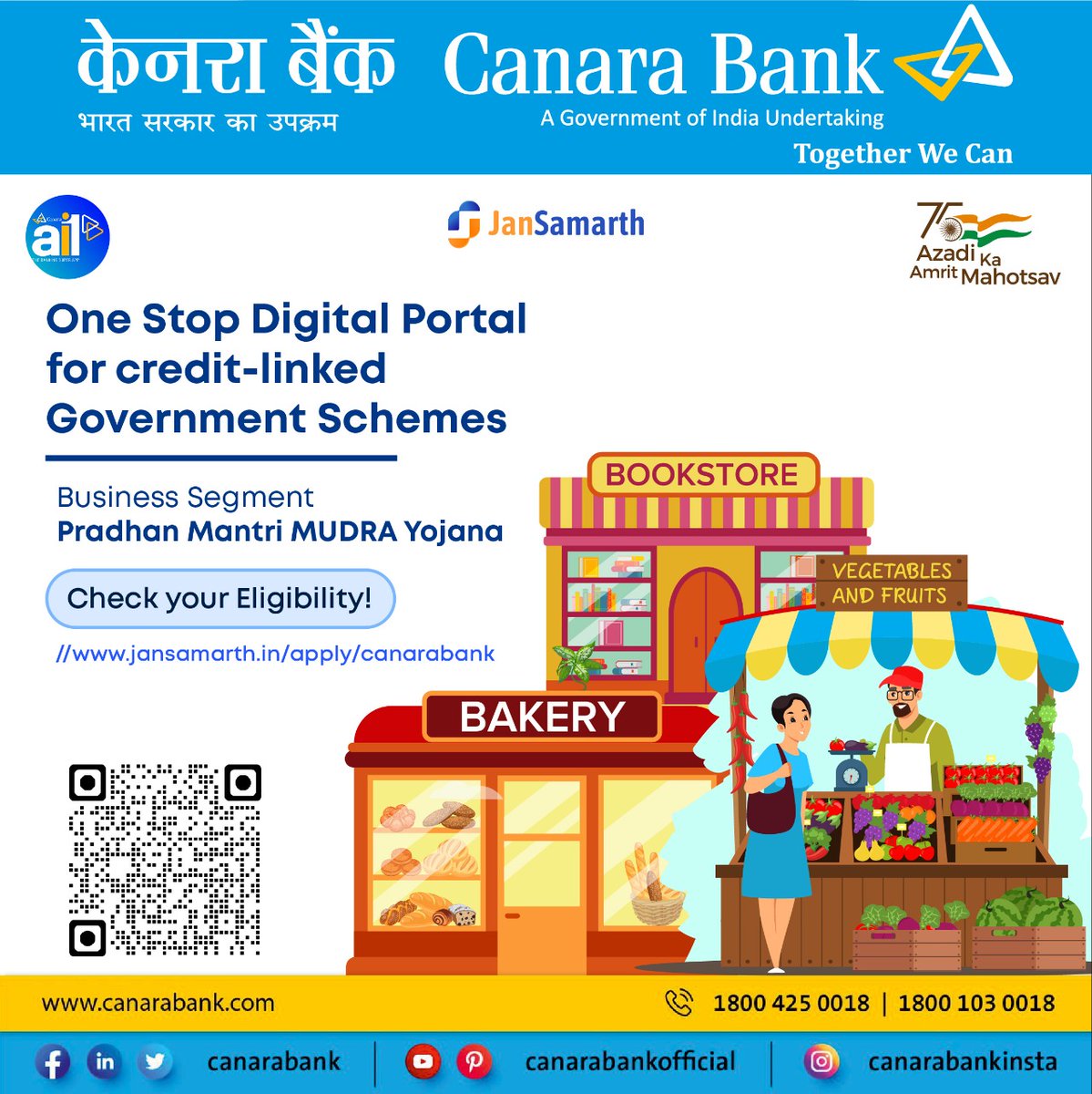 canarabank's tweet image. JanSamarth - One Stop Digital Portal
for credit-linked Government Schemes!
Check your eligibility for Pradhan
Mantri Mudra Yojana and avail
benefits:
jansamarth.in/apply/canara