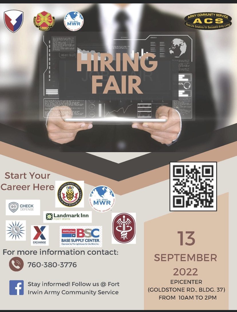 USAG_IrwinCDR's tweet image. Hiring fair Tuesday, 13 September from 1000-1400 at the EPICENTER.