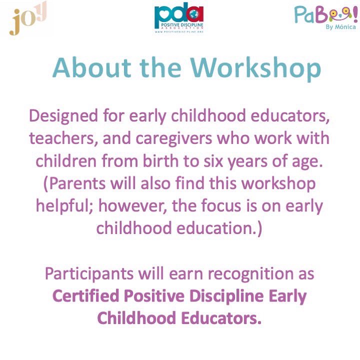 paboobymonica's tweet photo. #positivediscipline #certificationworkshop Don’t miss this opportunity to become a certified Positive Discipline Early Childhood Educator! Early bird pricing until October 1. https://t.co/TzkPlGlcu7
