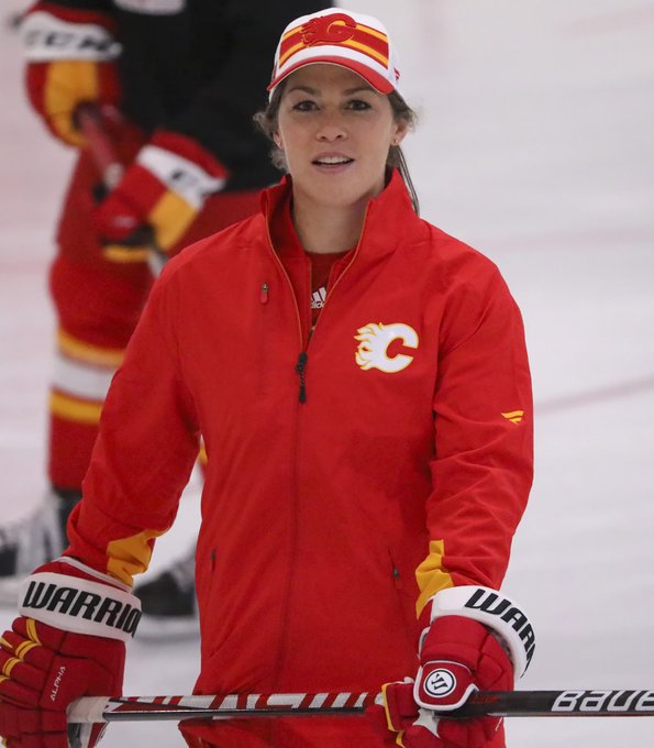 Rebecca Johnston on the ice as a guest coach during development camp
