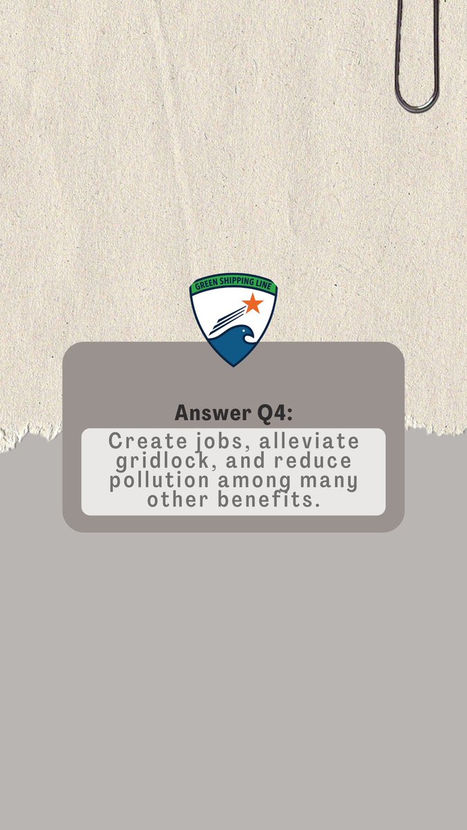 Answer Day! Answer to Question 4
All answers can be found on our website at greenshippingline.com!!!

#GSL #GreenShippingLine #CreateJobs #AlleviateGridlock #ReducePollution #OtherBenefits #LimitlessBenefits #Growth #PursuetheFuture