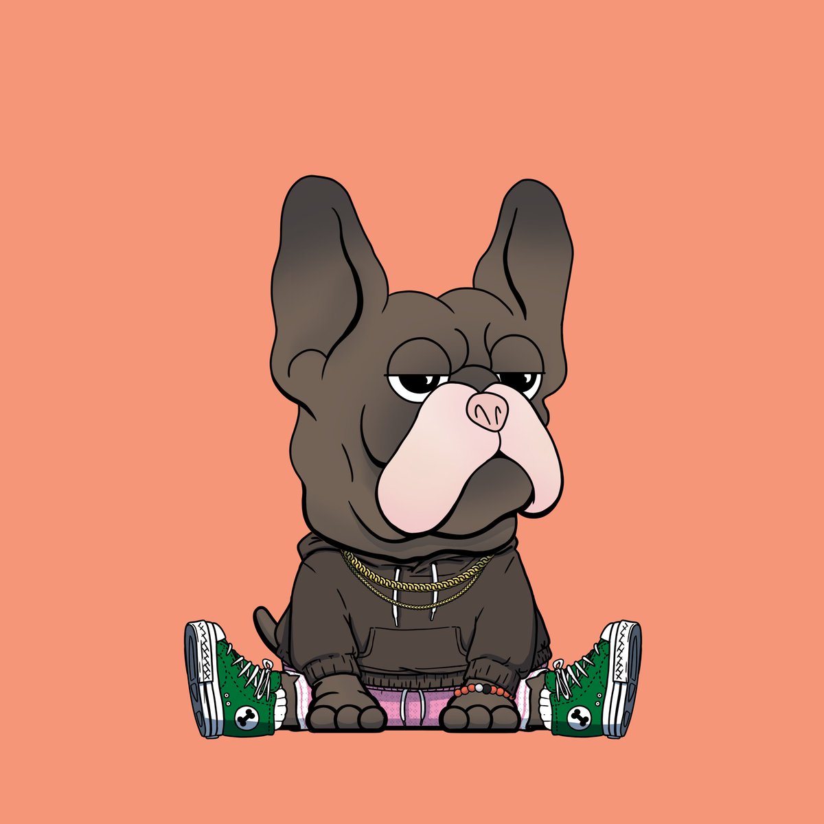 Sooo happy to be a <a href="/FrenchieBallers/">Frenchie Ballers</a>…
Please let me introduce…
Darryl Dogkins aka Chocolate Thunder #TwoChains #GreenBoneverse #PinkSweatShorts #SalmonBackground  #BrownHoodie #MilkChocolateFur #BeadedBracelet #PlainSocks #MouthClosed #BlackEyes