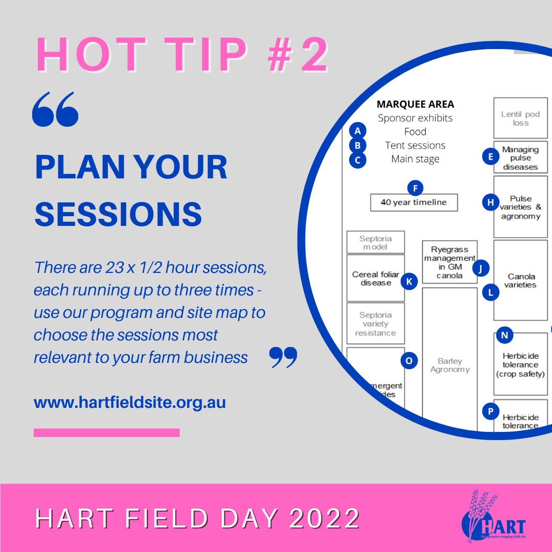 Hart Field Day - Sep 20, 2022
HOT TIP #2 - PLAN YOUR SESSIONS
You can only attend a max 8 sessions (there are 23 in total!) - look at the program early so you can get to your top 8!
👉 Program, sessions &amp; site map: tinyurl.com/hartfieldday22
👉 Tickets: HartFieldDay2022.eventbrite.com.au