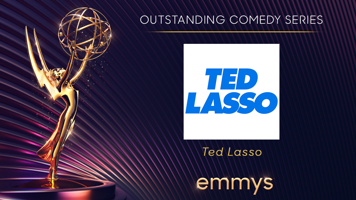 TelevisionAcad's tweet photo. It’s a win for the Greyhounds! Congratulations to @TedLasso (@AppleTVPlus), which wins the #Emmy for Outstanding Comedy Series for the second consecutive year! ⚽️ 🐾 #Emmys #Emmys2022 https://t.co/ZKRtVpHcq7