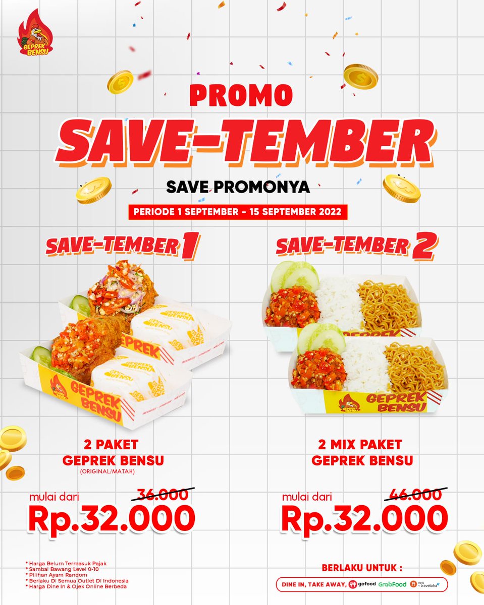 RealGeprekBensu's tweet photo. Promo Save-Tember Geprek Bensu✨
Yuk Save Promonya bestie, dan nikmati Geprek Bensu nya😋
MANTAP BANGET PROMONYA🤩
Kuy order, Yayam tunggu orderannya @Giladiskon @katalogpromosi @twitNsave
#geprekbensu #promoseptember
#savetember #savepromo #senangprodukindonesia #opp https://t.co/sBywE60V4C