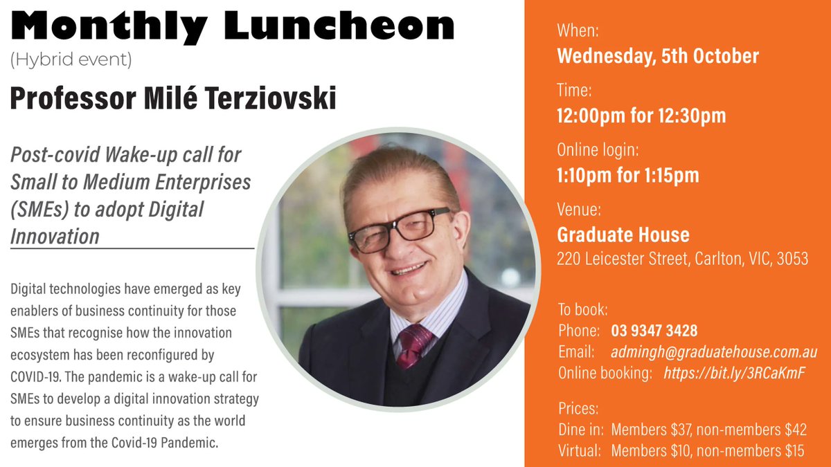 TheGradUnion's tweet image. Join us for our Monthly Luncheon on Oct 5th, with guest speaker Prof Mile' Terziovski. He will be talking about the post-Covid Wake-up call for Small to Medium Enterprises (SMEs) to adopt Digital Innovation.
buff.ly/3d3qpwF