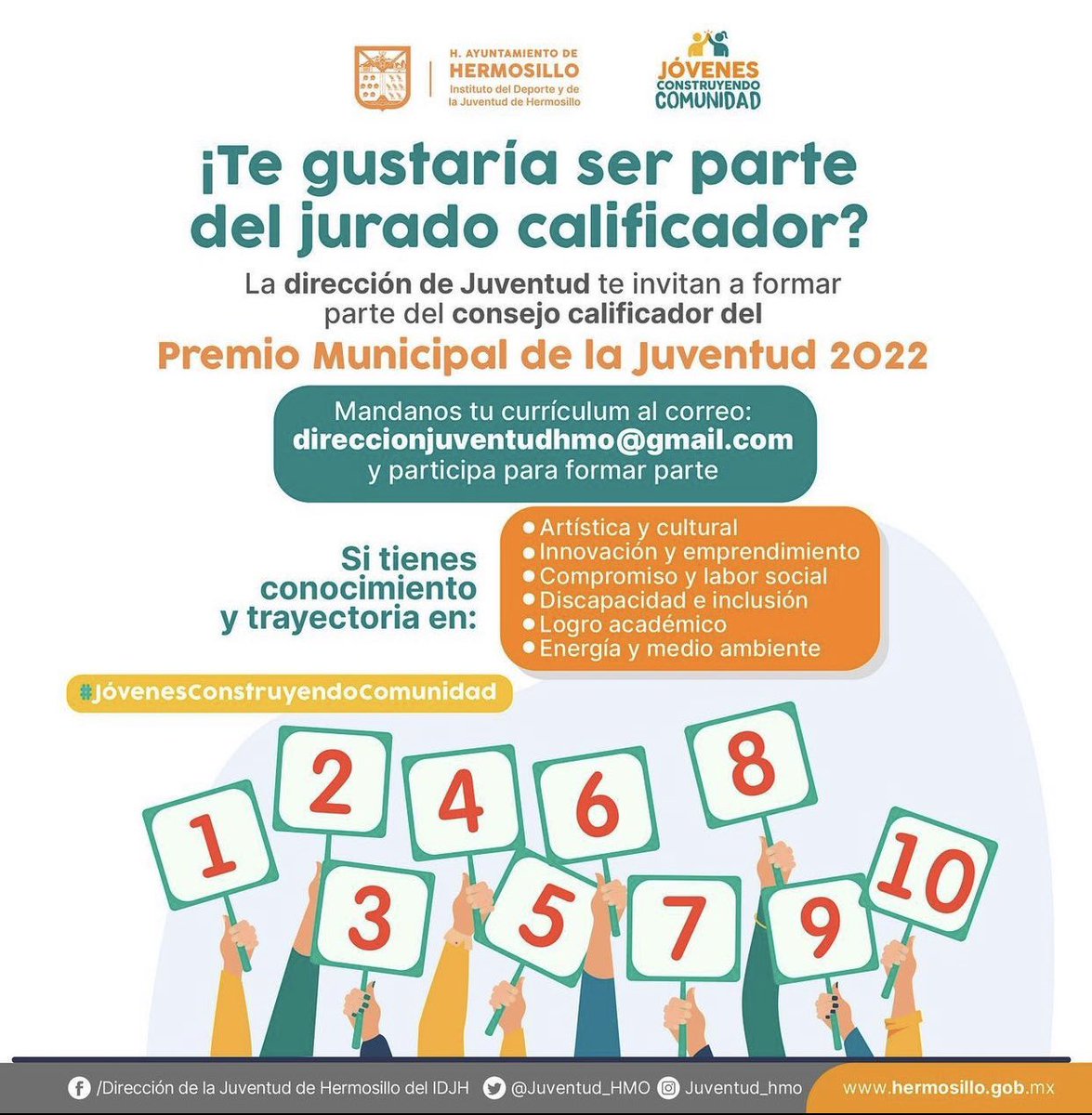 La Dirección de <a href="/Juventud_HMO/">Instituto Hermosillense de la Juventud</a> abre convocatoria para ser parte del jurado calificador del Premio Municipal de la Juventud 2022 🏆. 

Manda tu curriculum al correo 📧: 
direccionjuventudhmo@gmail.com