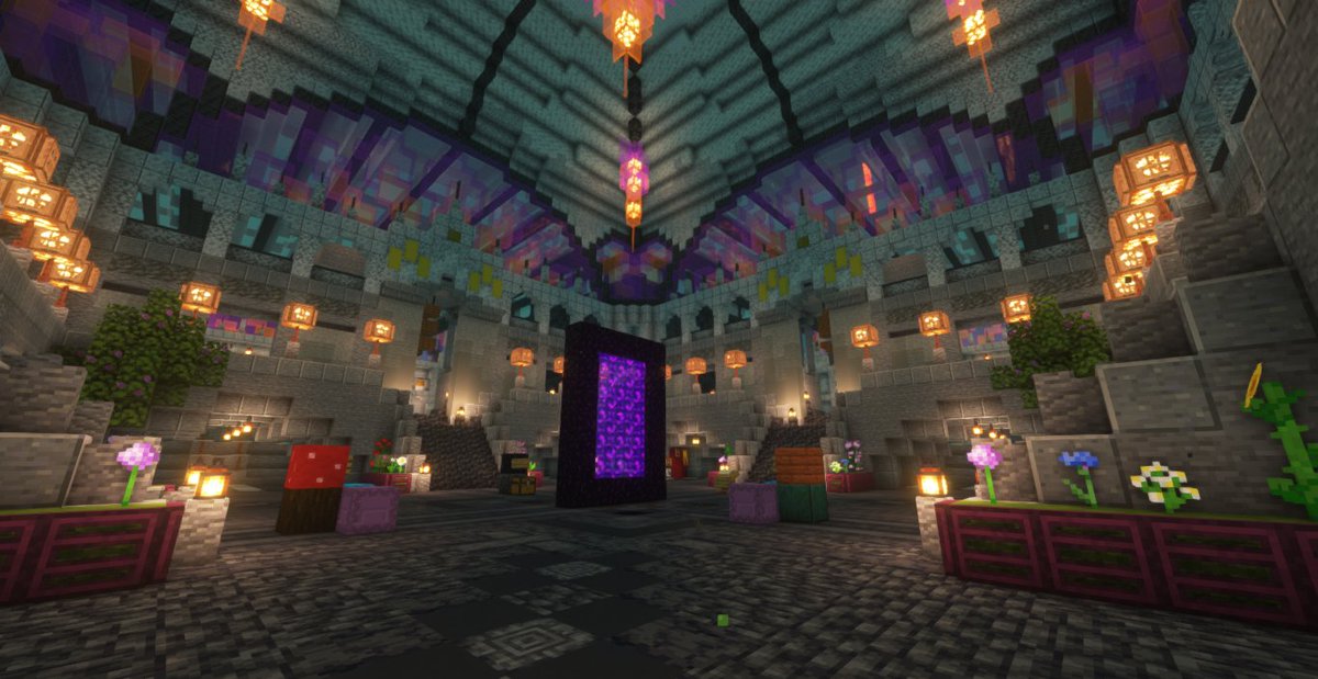 47_Protons's tweet photo. i would also like to point out the NETHER HUB which oh my GOD is so pretty and nice to hang out in and it is ENTIRELY thanks to The Wizard and nearly two weeks of nonstop building (All I did was add plants and such) https://t.co/hquvBe4fof