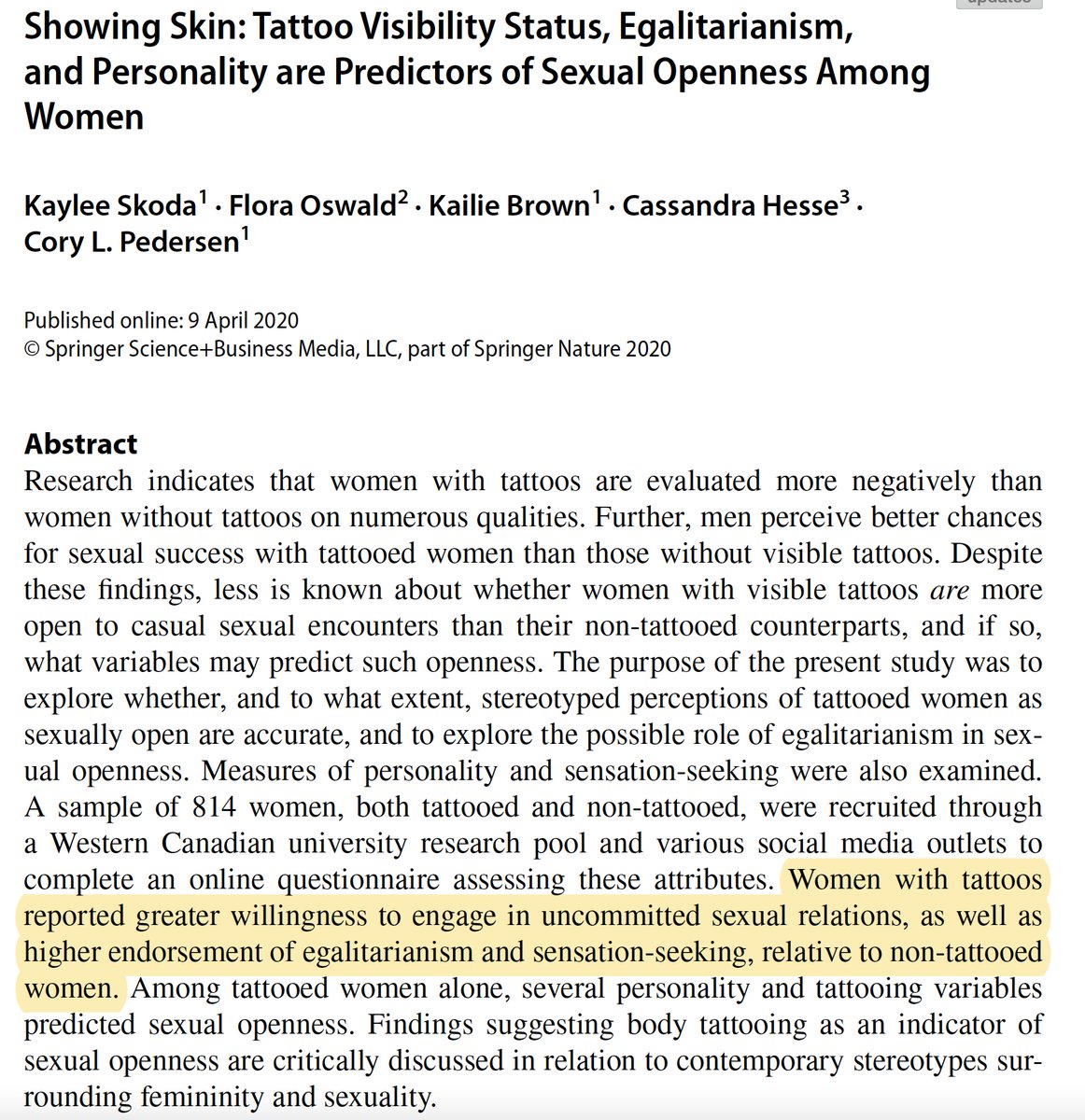robkhenderson's tweet image. "Women with tattoos reported greater willingness to engage in uncommitted sexual relations, as well as higher endorsement of egalitarianism and sensation-seeking, relative to non-tattooed women" link.springer.com/article/10.100…