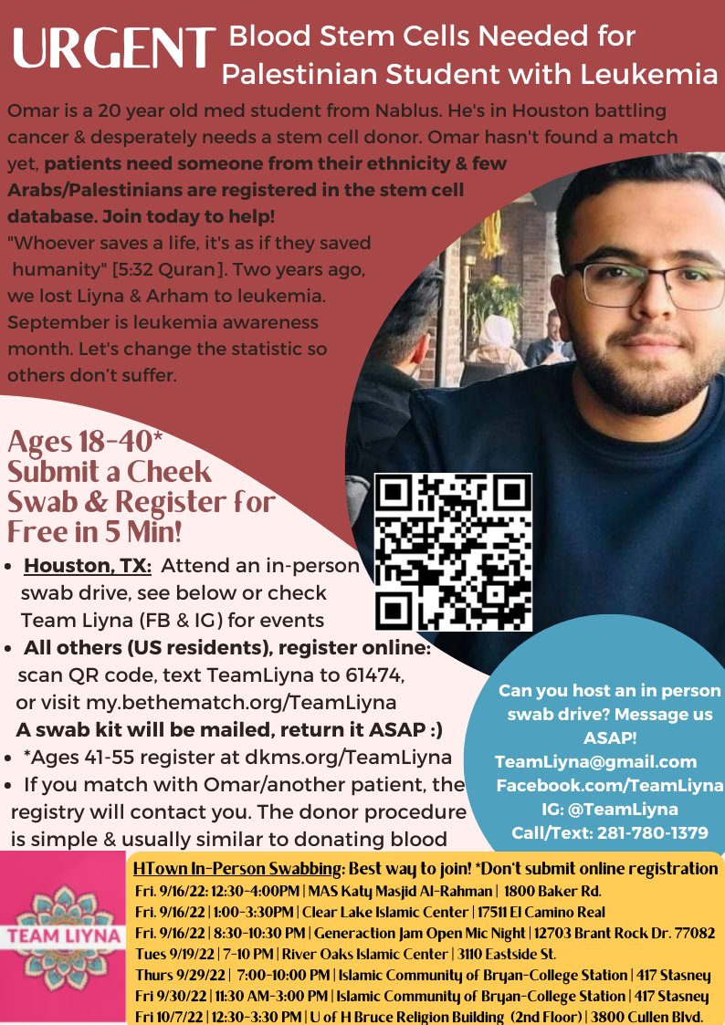 Team Liyna, we need you! This time for a Palestinian student battling AML, the same cancer Liyna had. Can we get at-least 1000 people to join the stem cell registry to increase Omar's chances of matching? Share with your Arab friends &amp; comment when you sign up! Let’s do this 💪💪
