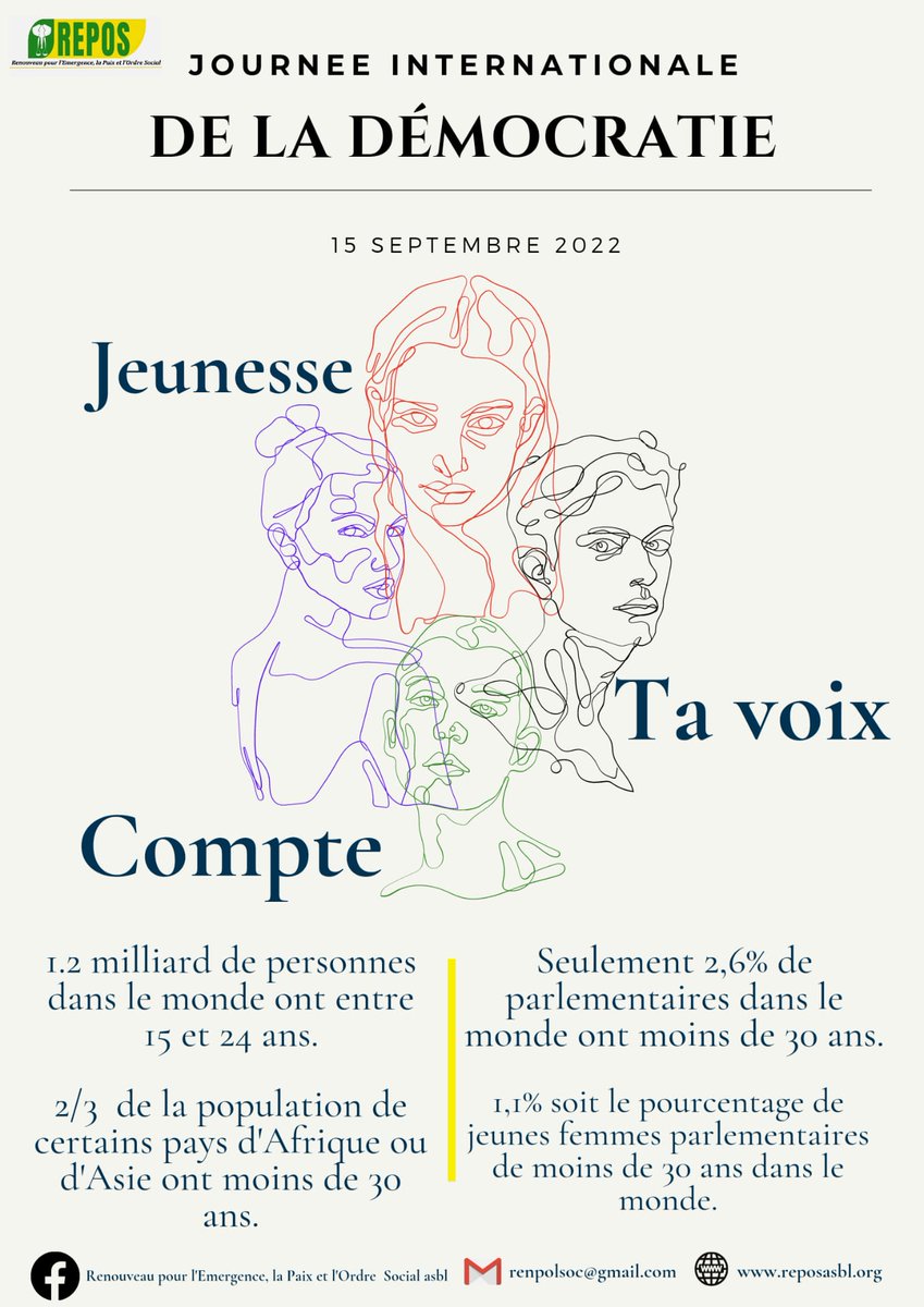 REPOS26240294's tweet photo. LA JOURNÉE INTERNATIONALE DE LA DÉMOCRATIE EST CÉLÉBRÉE CHAQUE 15 septembre.
Jeunes, travaillons et impliquons-nous  à tous les paliers du processus démocratique.
Nos voix comptent  pour l'émergence de l'Afrique, de la R.D.C en particulier.

Merci de le partager
 🙏🏽à vos proches. https://t.co/O7HZiTxct3