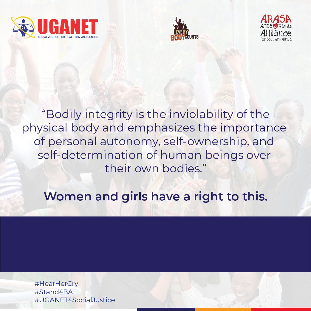 📢“Bodily integrity is the inviolability of the physical body and emphasizes the importance of personal autonomy, self-ownership, and self-determination of human beings over their own bodies.”

*Women and girls have a right to this.
#Stand4BAI #HearHerCry 
#UGANET4SocialJustice