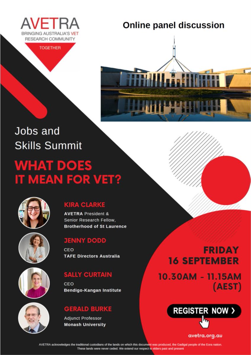 Join our CEO, Jenny Dodd at <a href="/AVETRA1/">Australasian VET Research Association (AVETRA)</a>'s online panel discussion on what the #jobsandskillssummit meant for the VET sector.
Register via: lnkd.in/giJbTfwS