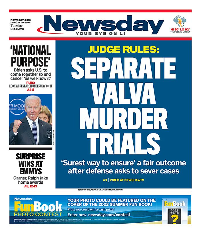 Tuesday's Newsday cover: The ex-NYPD officer and his former fiancee charged with murder in the hypothermia death of the cop's 8-year-old son Thomas Valva will be tried separately, the presiding judge ruled. nwsdy.li/3xhBIYI