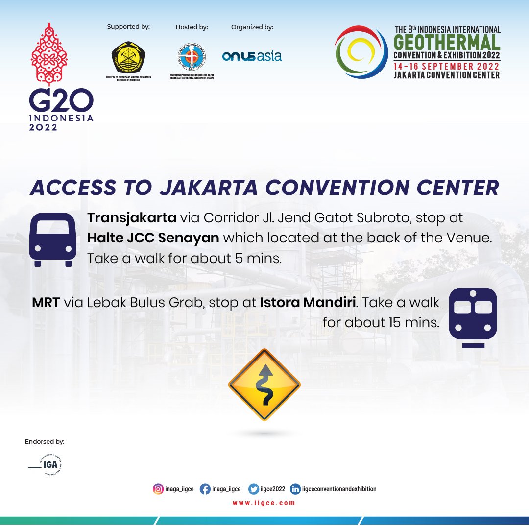 Here are some ways to get to our venue, Jakarta Convention Center.

Please arrive on time especially for Convention participants. Do not forget to always use your mask😷✨
.
#RoadToIIGCE2022