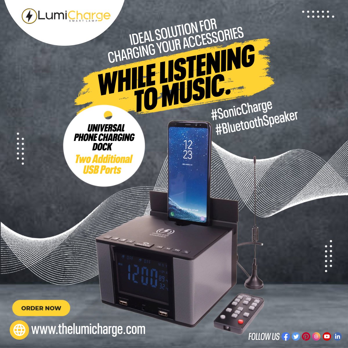 LumiCharge's tweet photo. With SonicCharge, you can start the day completely charged. This charging station also functions as a Bluetooth speaker that plays music from any Bluetooth-enabled device. https://t.co/XLEFwh4E2D

#wirelesscharger #chargingdock #soniccharge   #multifunctionaldevice #speakers https://t.co/x8DHTBZV1o
