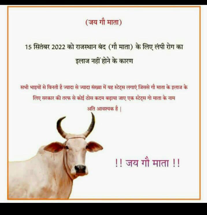 Rahul_Malakar_'s tweet photo. To save cows from prolonged epidemic, participate in #Rajasthanoff campaign on 15th September and contribute to save cows from this disease
#SaveCowSaveVillages 
#SaveCowSaveRajasthan 
@VikashJakhar21 
@zeerajasthan_ https://t.co/NmNPQaUje3