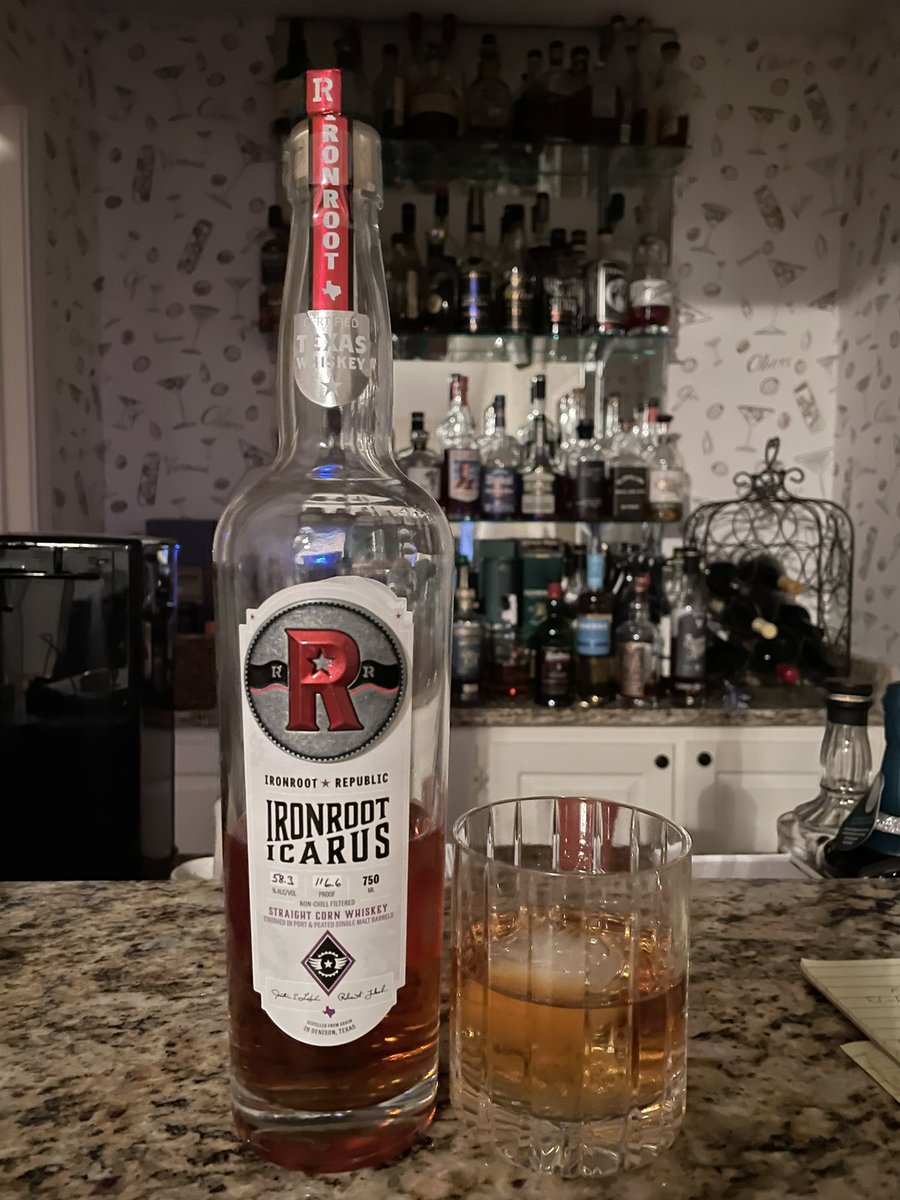 Still south of the Red, still in Texas, but a different river: The Brazos. So we did two. This big beaut again from <a href="/IronrootWhiskey/">Ironroot Republic</a> Icarus coming in at 58.3 abv, aged in port and peated single malt barrels, aged 40 mid, a whiskey made for me. @1883Official #1883