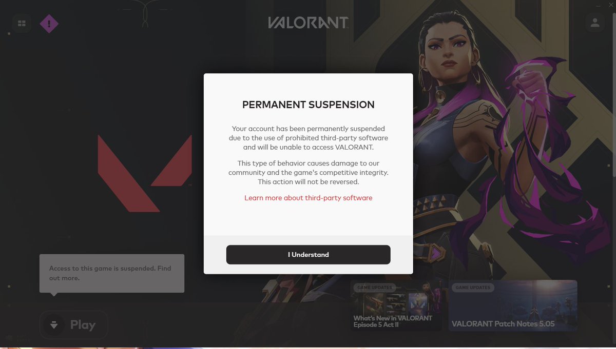 TheChaseRoe's tweet photo. Not sure why I got my account banned in Valorant.

I have never used third party software and will never in the future. 

This is beyond frustrating.

@riotgames @RiotSupport @PlayVALORANT https://t.co/cYrQkB8Icx