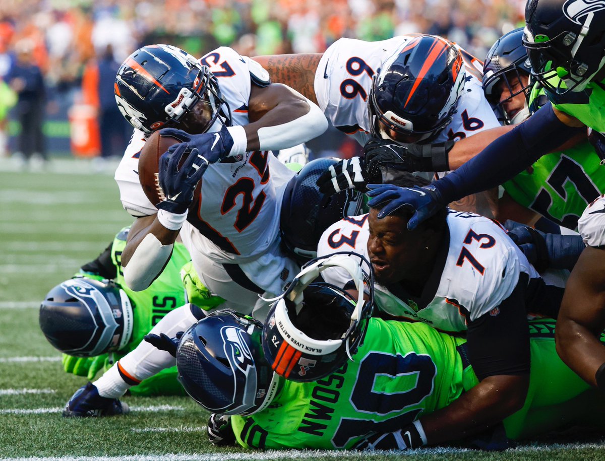 PFF's tweet image. Broncos rushing in the red zone vs Seattle:

😬 3 attempts
😬 -1 yards
😬 2 fumbles lost
😬 -4 yards before contact