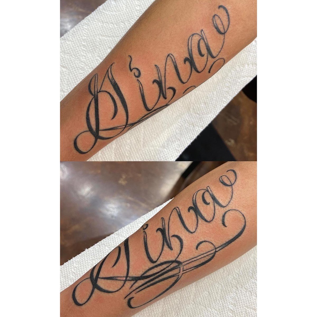 Some script action. #LetteringTattoo #CursiveTattoo #ScriptTattoo #NameTattoo #ArmTattoo #Tattoo #Custom #Art #FastLaneTattooAZ #Tucson #Tattooer #TattooArtist