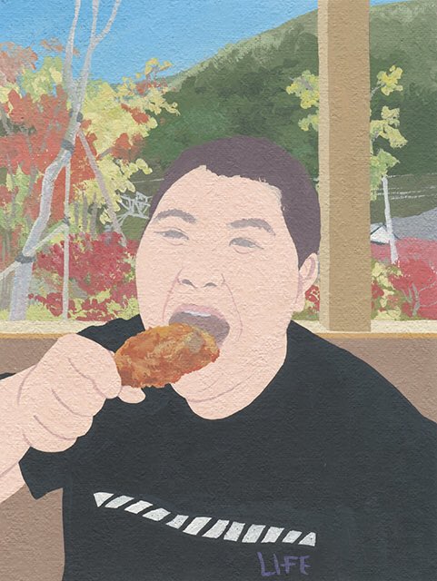 「課題絵『秋』食欲の秋を描きました。"秋のわんぱく食堂、フライドチキンは大人気"で」|前田なんとかのイラスト