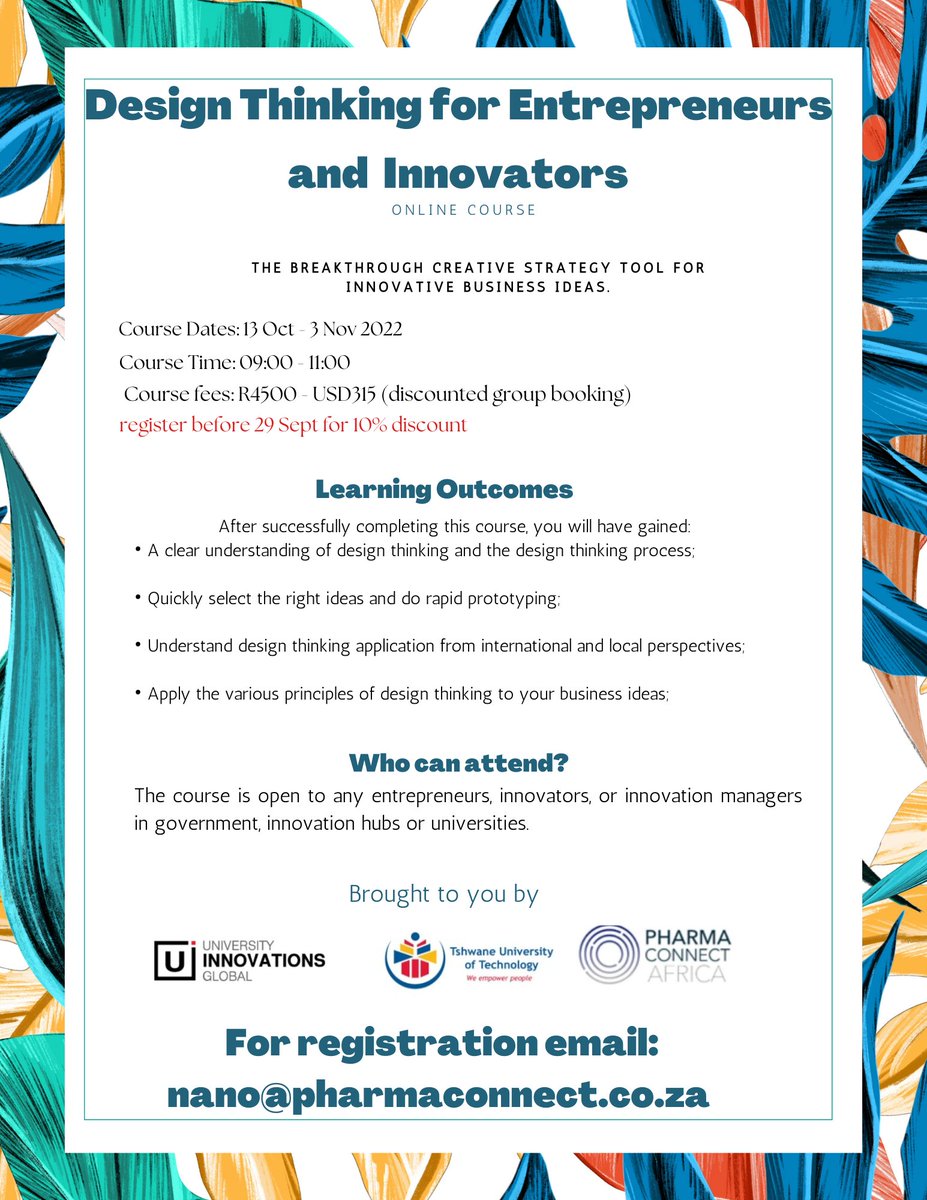 PharmaConnect21's tweet photo. Calling all innovators, entrepreneurs, university students, innovation hubs and many more.
We have a course just for you. 

The breakthrough creative strategy tool for innovative business ideas.

Registration is NOW OPEN!
#Course
#DesignThinking
#QueenElizabeth 
#SenzoMeyiwatrial https://t.co/9rvxFLQ50P
