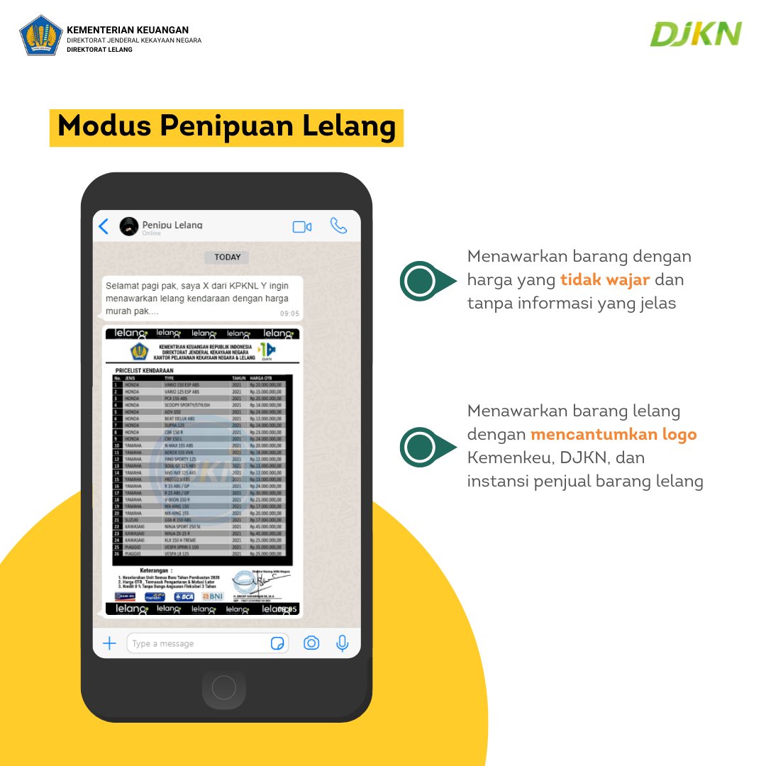 DitLelangDJKN's tweet photo. Halo #SobatLelang ! 👋
Yuk kenali apa saja modus-modus penipuan lelang serta bagaimana cara menghindarinya!
Pulih lebih cepat, bangkit lebih kuat, bersama Lelang Indonesia!
#AyoIkutLelang #EkonomiPulih #IndonesiaBangkit #DirektoratLelang #DJKN #Kemenkeu https://t.co/q6IPQzgDOr