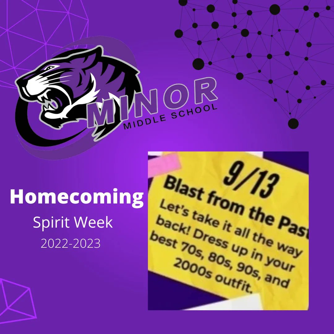 MinorMiddle's tweet photo. Blast from the past!! Are you ready? How fly can you get? Will you be hip or dynamite! Let's see if our Tigers can be out of sight with their outfits from decades past. #spiritweek #HOCO2022 #minormiddle #gotigers #blastfromthepast #minorms https://t.co/rk5k1uGxyc