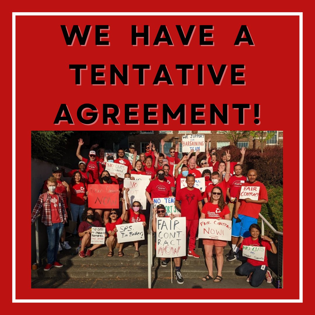 SeattleEdAssoc's tweet photo. We stuck together, made our strength and unity known, and it worked. We are excited to have a Tentative Agreement (TA) with Seattle Public Schools. Our solidarity on the picket lines and the enormous community support we received made all the difference. https://t.co/PyZIiHo3cz