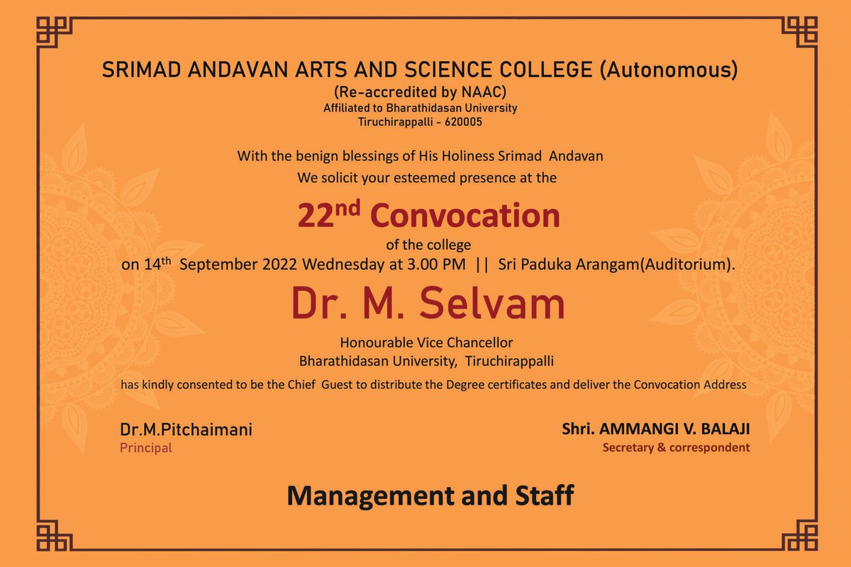 SAASC3's tweet photo. 22nd Graduation day for the young graduands of 2017-2020 (UG/MCA) and 2018-2020 (PG) 👨‍🎓👩‍🎓👨‍🎓👩‍🎓👨‍🎓👩‍🎓🎓🎓🎓💐💐💐

#convocationday🎓 #graduationday🎓 #bharathidasanuniversity #andavan_college #saasc #srimadandavancollege #srimadandavanashramam #trichy #srirangam https://t.co/FGPbu8vdqN