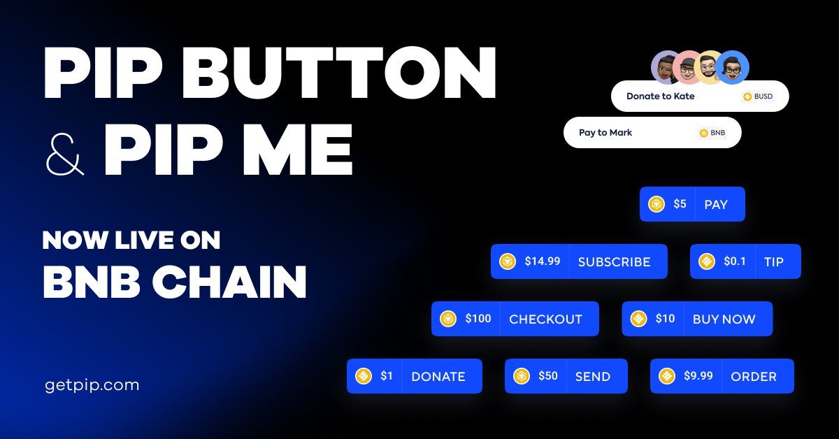 getpipcom's tweet photo. PIP Product Updates ✨

💎 PIP Button now supports @BNBCHAIN 
💷 https://t.co/jhPdBSSOdZ now supports @BNBCHAIN
🔐 BNB Chain smart contract audit completed
📱 Mobile payments support for #BNB &amp; #BUSD on https://t.co/5emlrI1j2q and pip button

👉 https://t.co/EGAgckMmW2 https://t.co/AGnhT5Opws