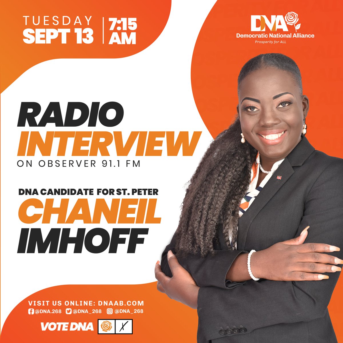 Tune into Observer Radio (91.1 FM) this morning at 7:15 and join DNA's Communications Officer and Candidate for St. Peter <a href="/chaneilcimhoff/">Chaneil Imhoff 🇦🇬</a>  on Observer AM with Daren Matthew-Ward.