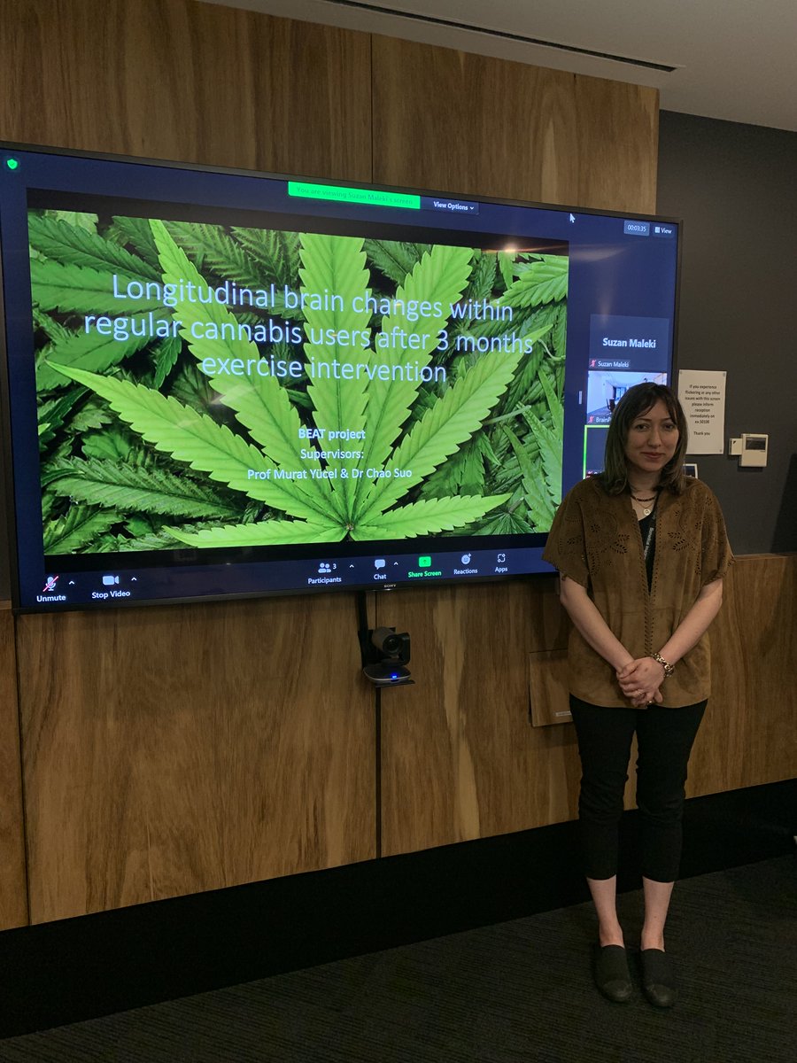 BrainPark's tweet photo. For #BrainPark's Monday Meeting, Suzan Maleki (PhD Candidate) shared the longitudinal benefits of high-intensity aerobic intervention on participants with #cannabis use disorder. 🏃🏻♂️🍃 (1/2) https://t.co/bNJdeGZwIk