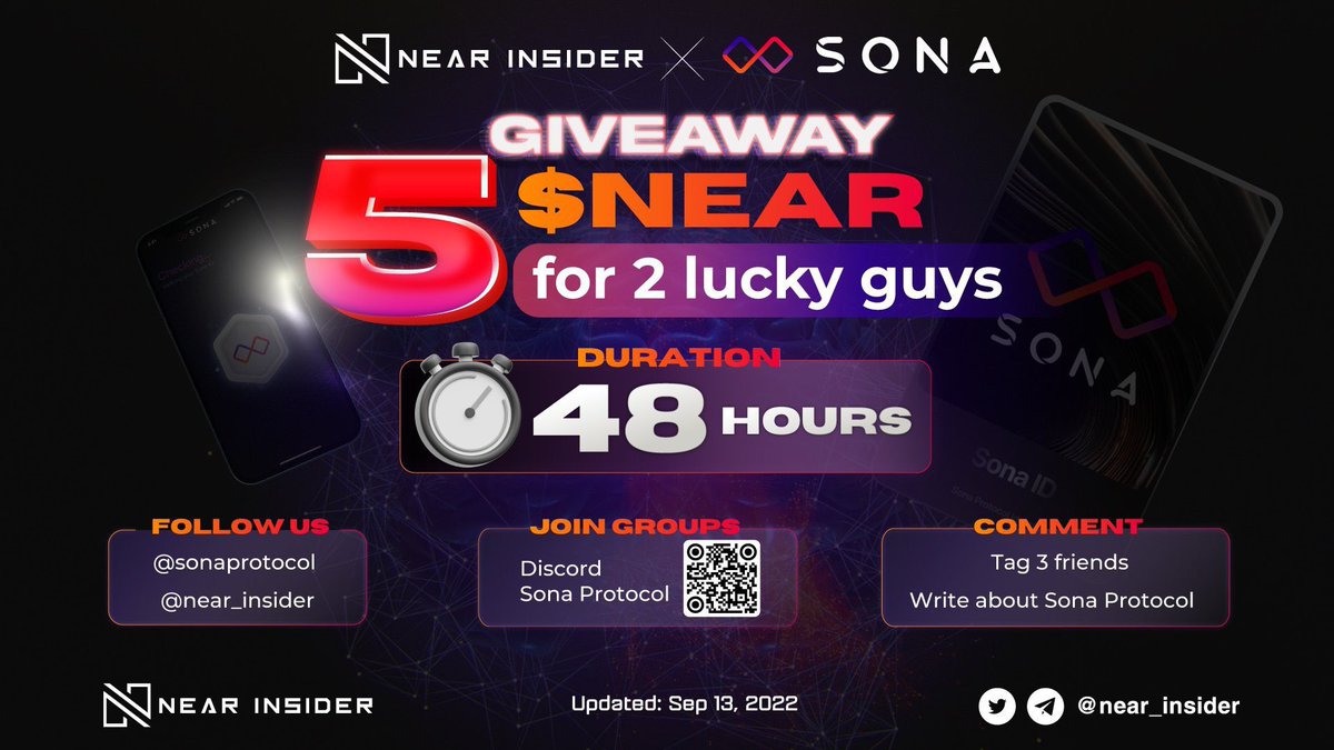 NEAR INSIDER X SONA PROTOCOL #GIVEAWAY

⏰48 Hours
🎁 5 $NEAR for 2 lucky winners

To enter:
🔶Like &amp; RT, Tag 3 friends
🔶Follow Twitter <a href="/near_insider/">Near Insider</a> &amp; <a href="/sonaprotocol/">Sona Protocol</a>
🔶Winners will be announced on Sona Protocol's Discord at 8 PM UTC next Sunday 
👉 discord.gg/zYGVCdeW9S