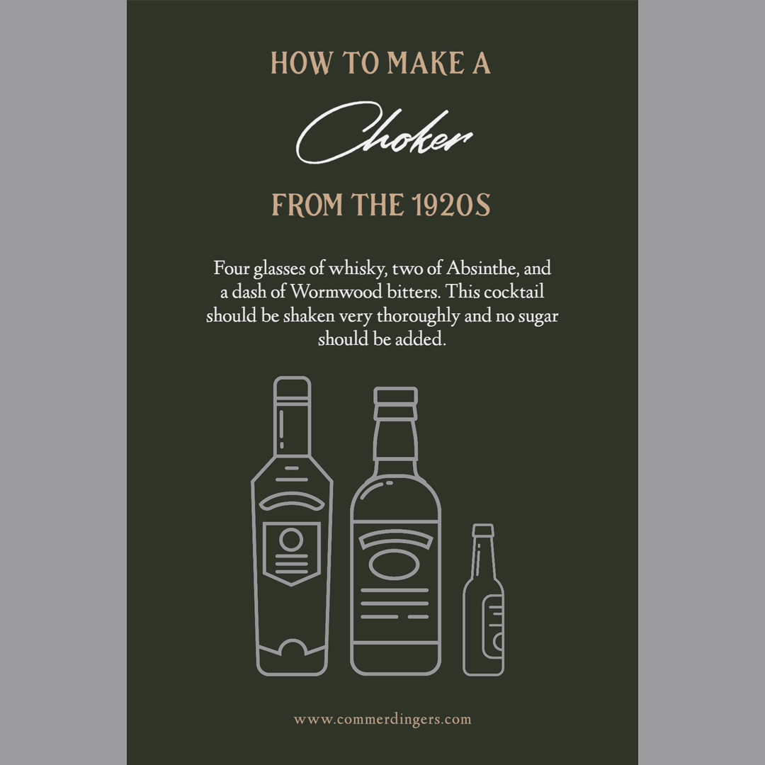 commerdingers's tweet photo. #Choker from the #1920s

Four glasses of #whisky, two of #Absinthe, and a dash of #WormwoodBitters. This #cocktail should be shaken very thoroughly and no sugar should be added.

Notes:  A glass for this recipe can be interpreted as .5 ounces.
 
https://t.co/Q3SaHxrJEl https://t.co/KGMOxMf93x